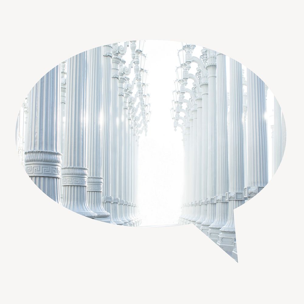 Aesthetic white pillars speech bubble badge, architecture photo
