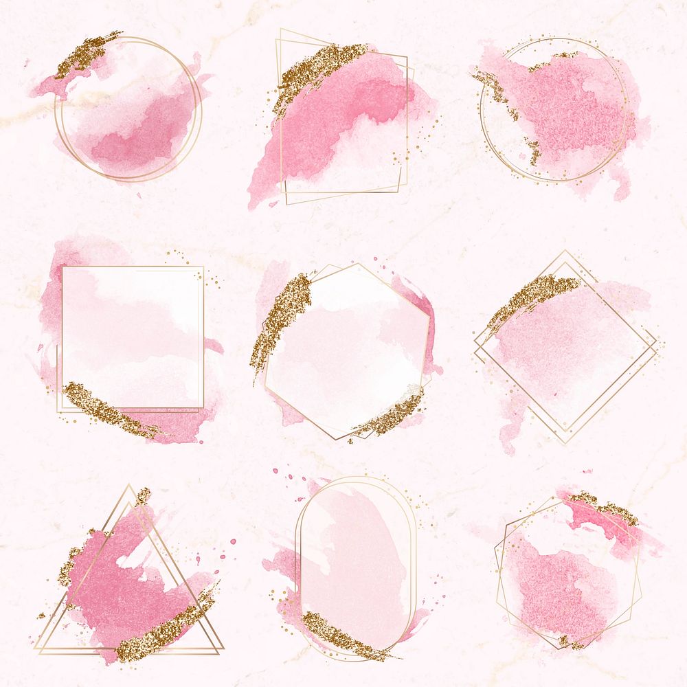 Aesthetic watercolor frame clipart, pink pastel glittery design vector set