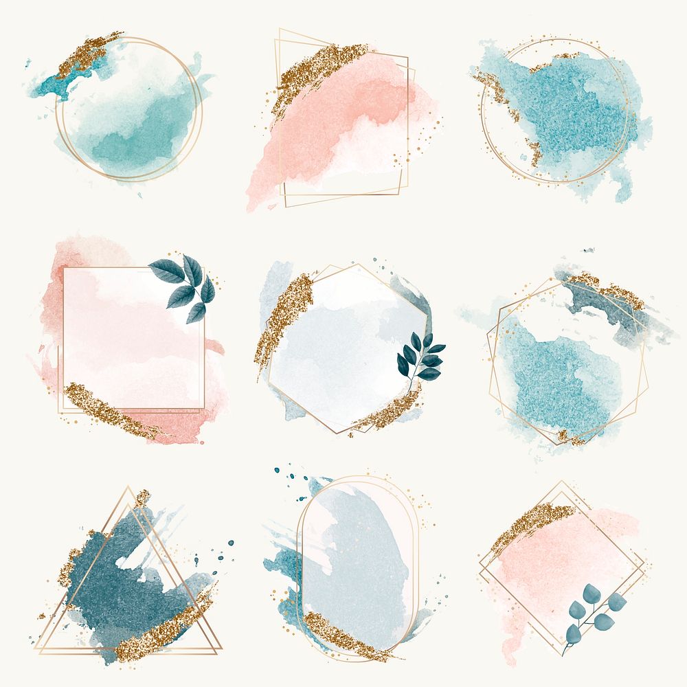 Aesthetic watercolor frame clipart, green pastel glittery design vector set