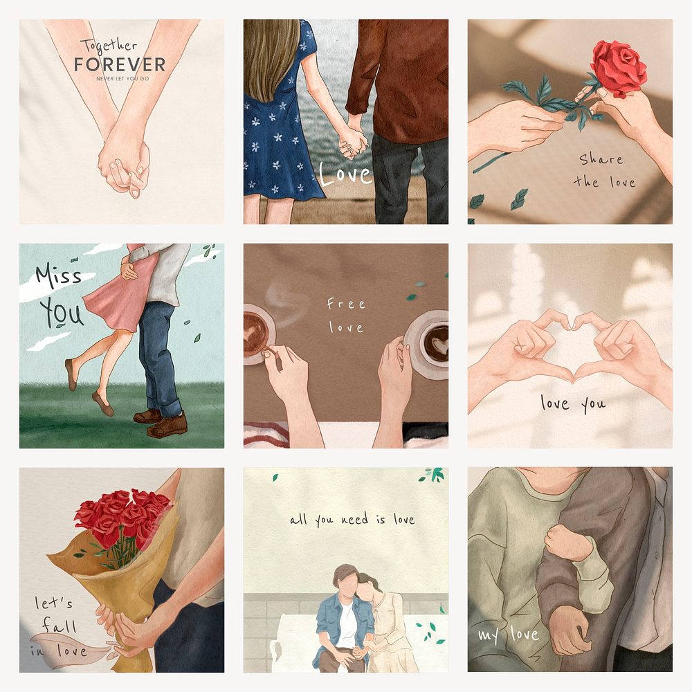 Aesthetic Instagram post template vector for valentine's set
