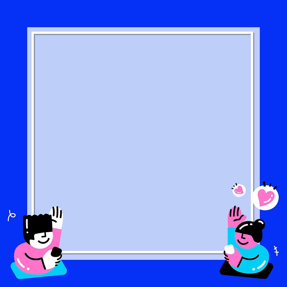 Boy and girl sending love via social network psd frame in vivid pink and blue funky style
