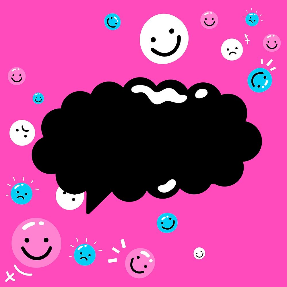 Vivid pink speech bubble vector frame surrounded by cute emoji in trendy funky style