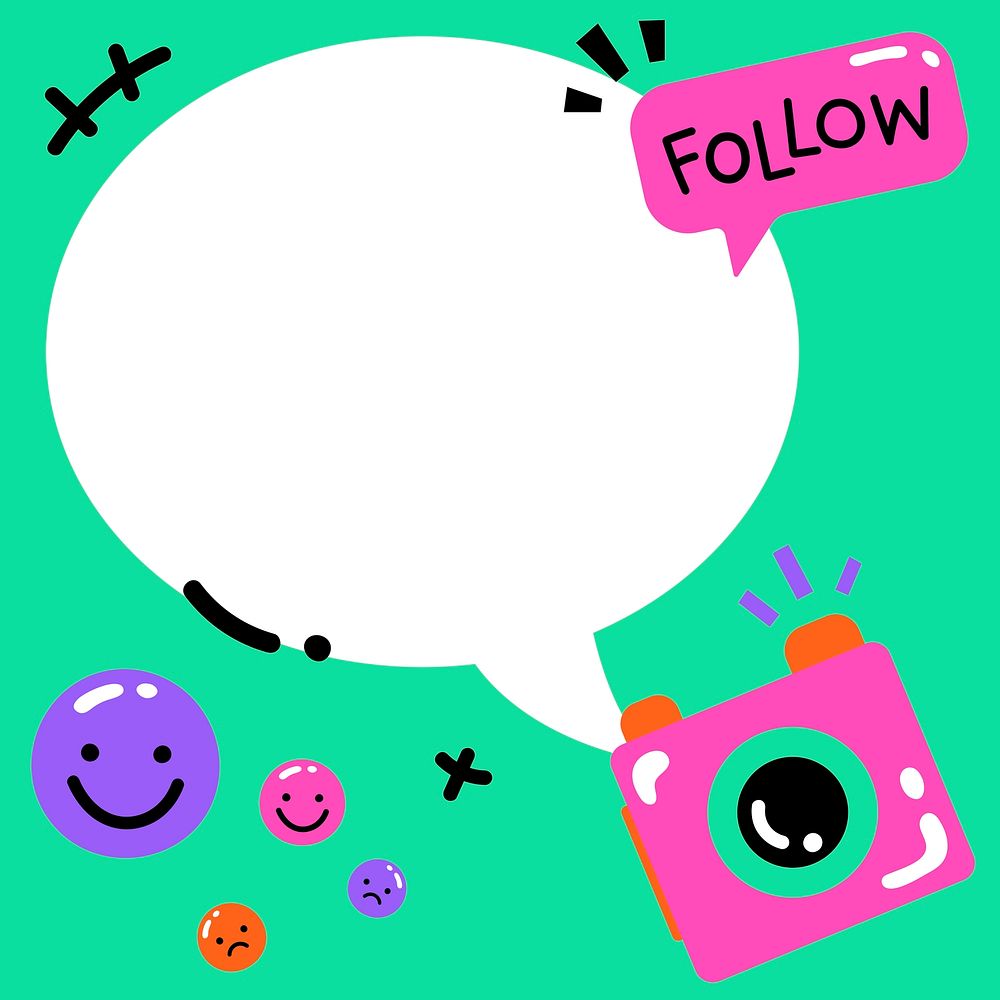 Follow me speech bubble psd in green and pink