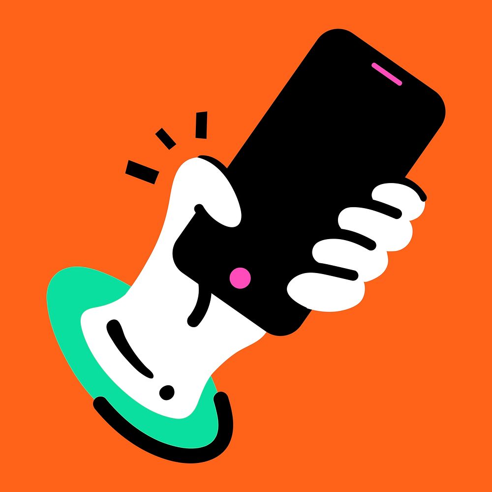 Hand holding phone icon psd in funky orange and green