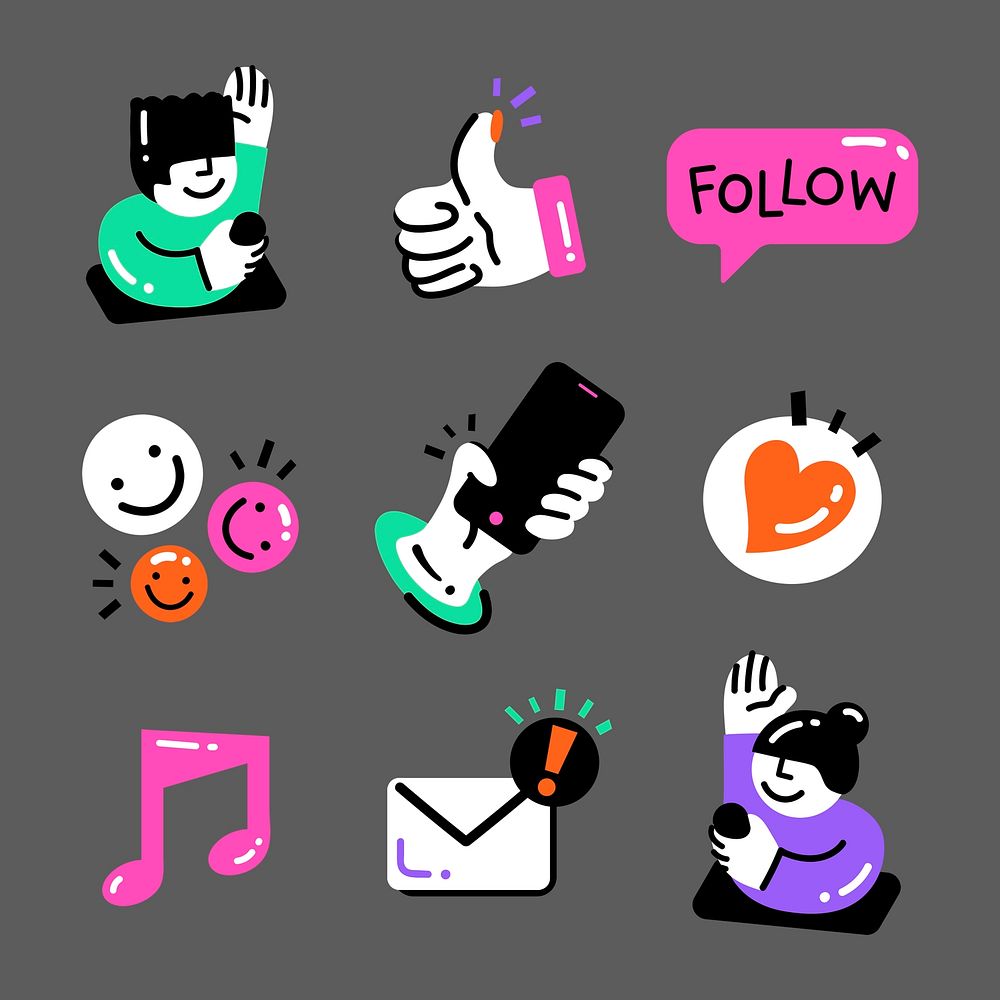 Cute icon psd set in funky style social media concept