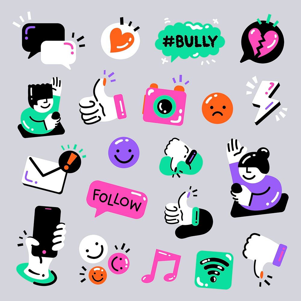 Vivid funky social media psd icon set on gray background