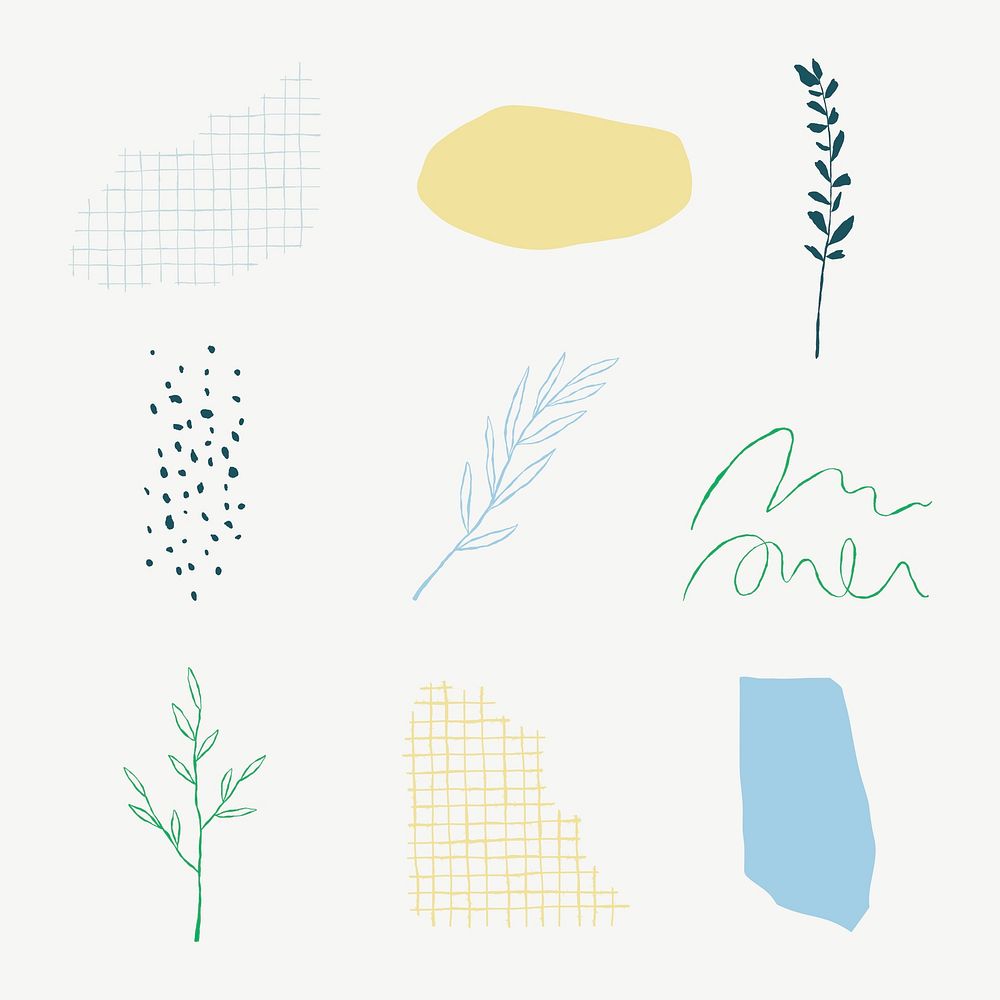 Aesthetic botanical leaves psd doodle illustrations element set