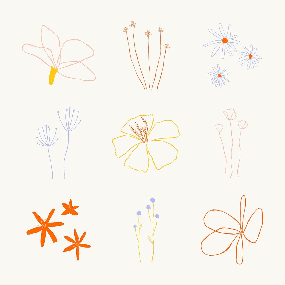 Colorful botanical leaves psd doodle illustrations element collection