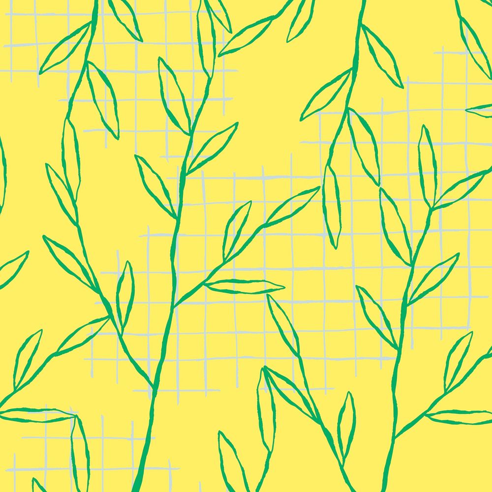 Green leaf pattern vector on yellow grid background