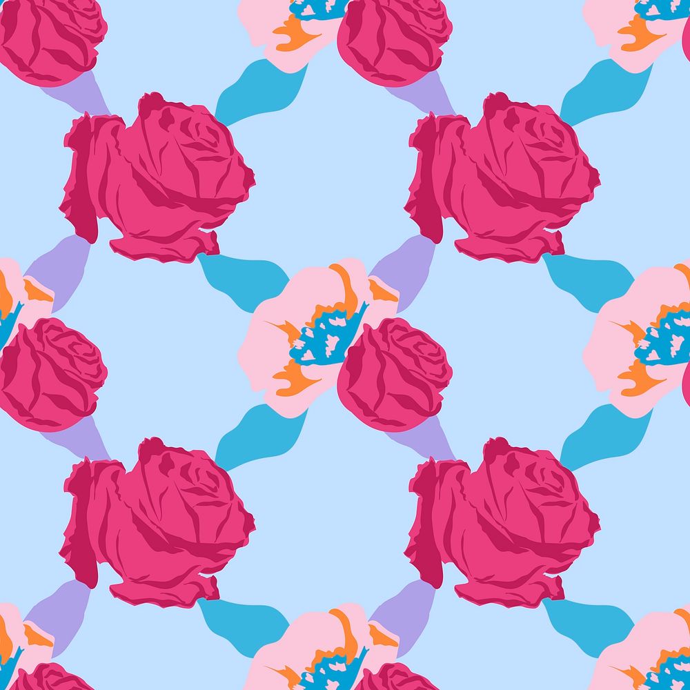 Pink cute floral pattern vector with roses blue background