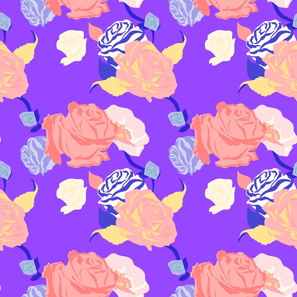 Pink spring floral pattern vector with roses purple background