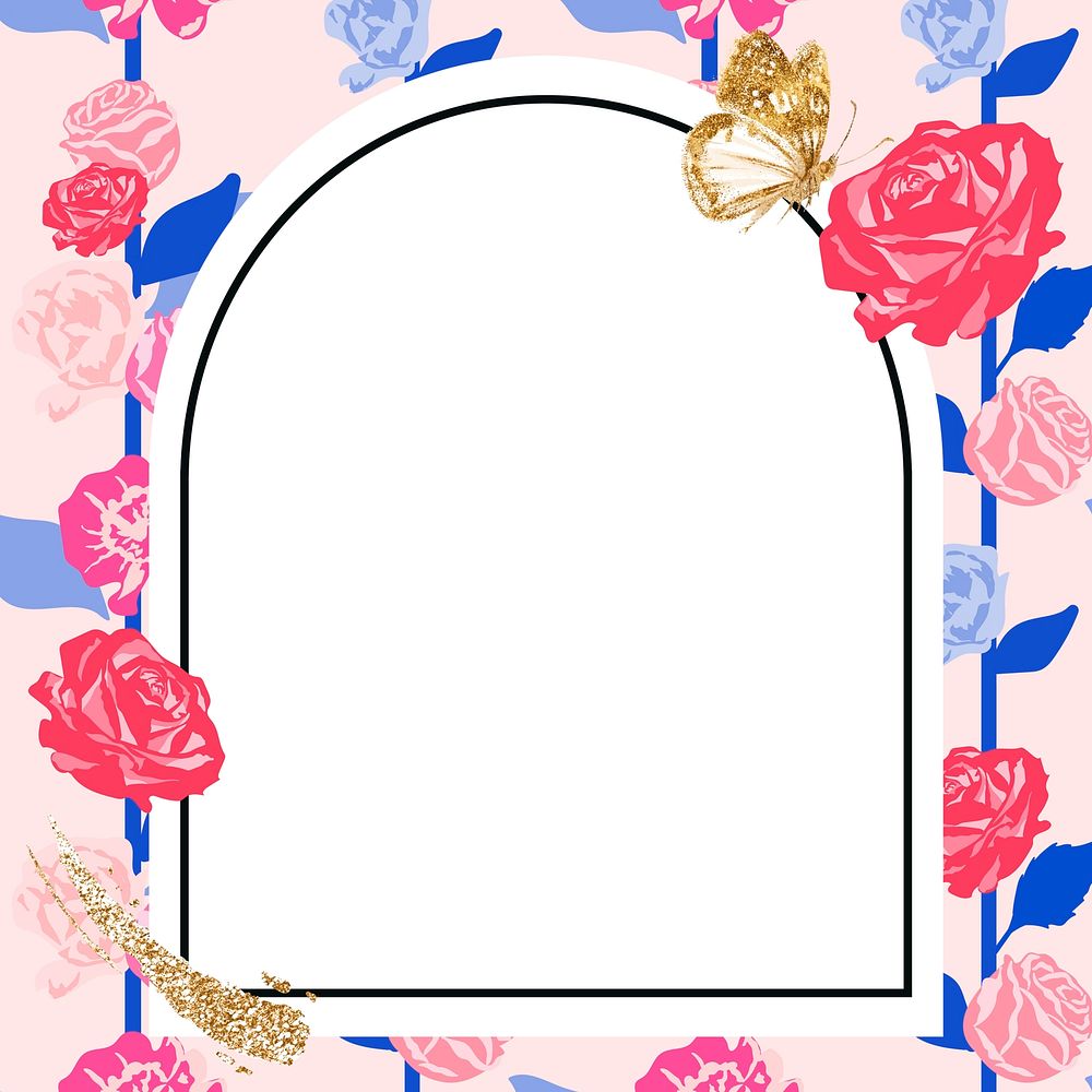 Feminine floral arched frame vector with pink roses on white background