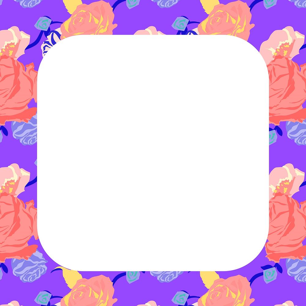Spring floral square frame psd with purple roses on white background