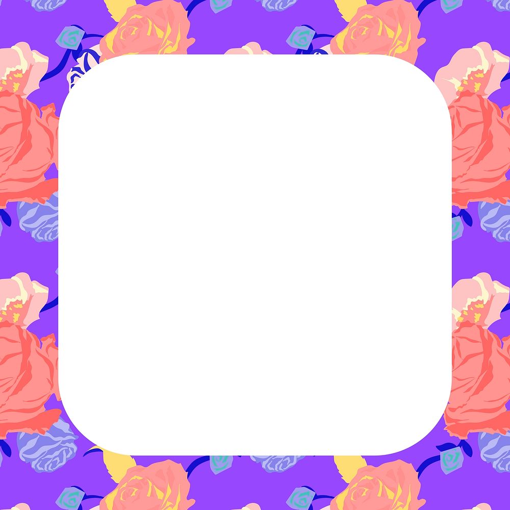 Spring floral square frame vector with purple roses on white background