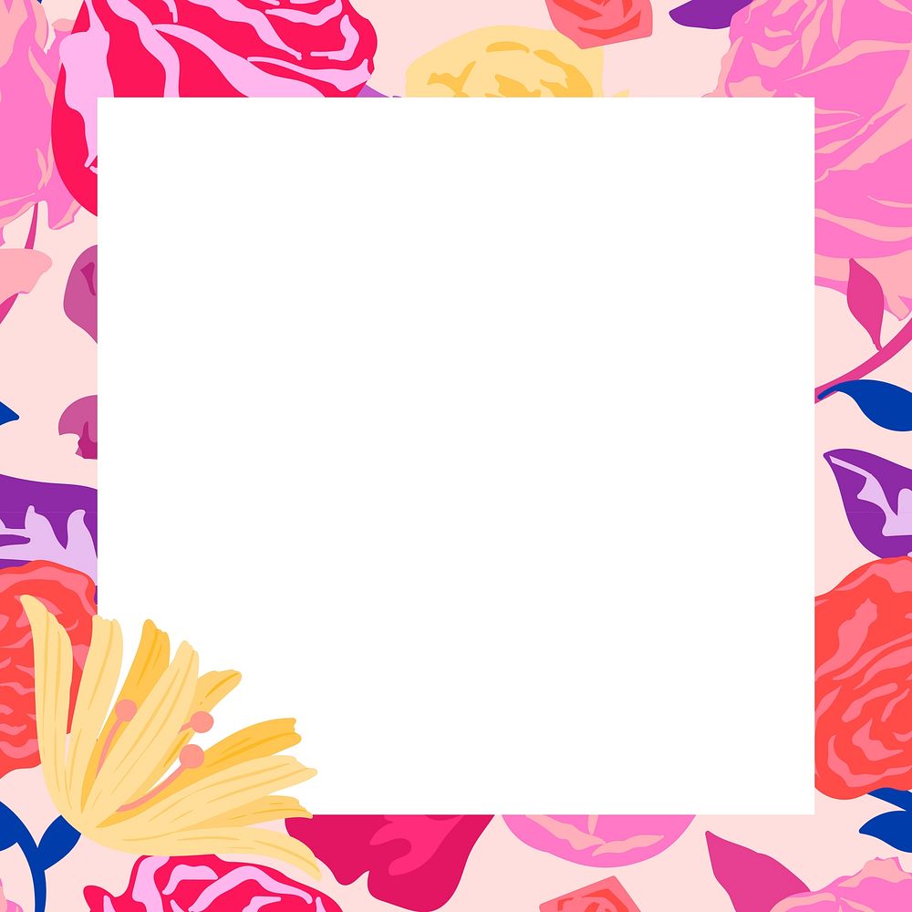Feminine floral square frame vector with pink roses on white background