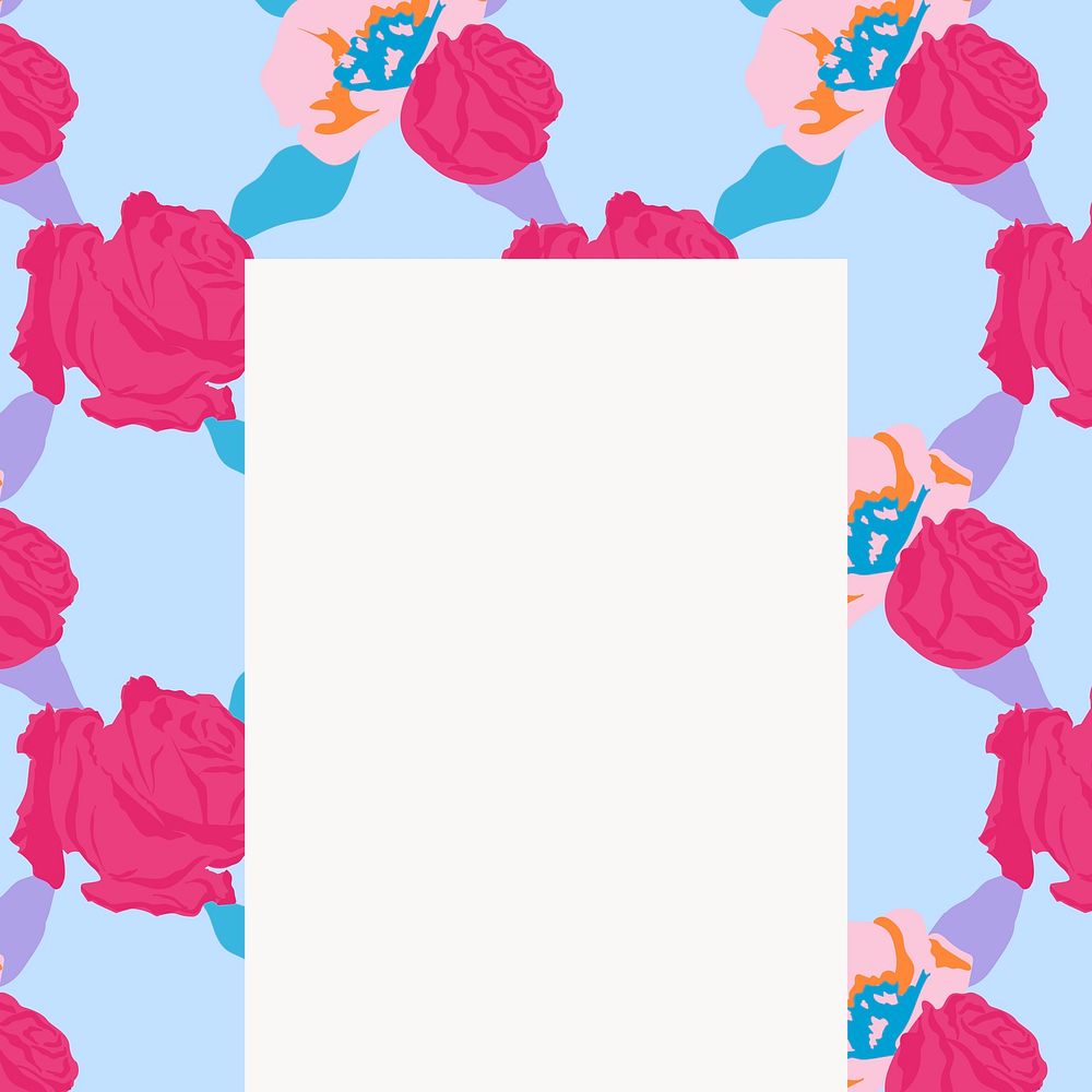 Blue floral rectangle frame vector with pink roses on white background