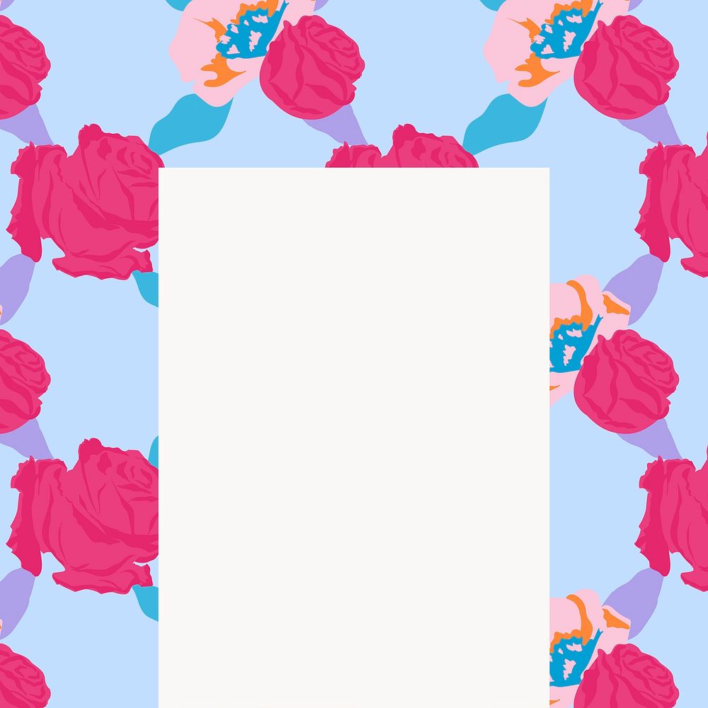 Blue floral rectangle frame psd with pink roses on white background