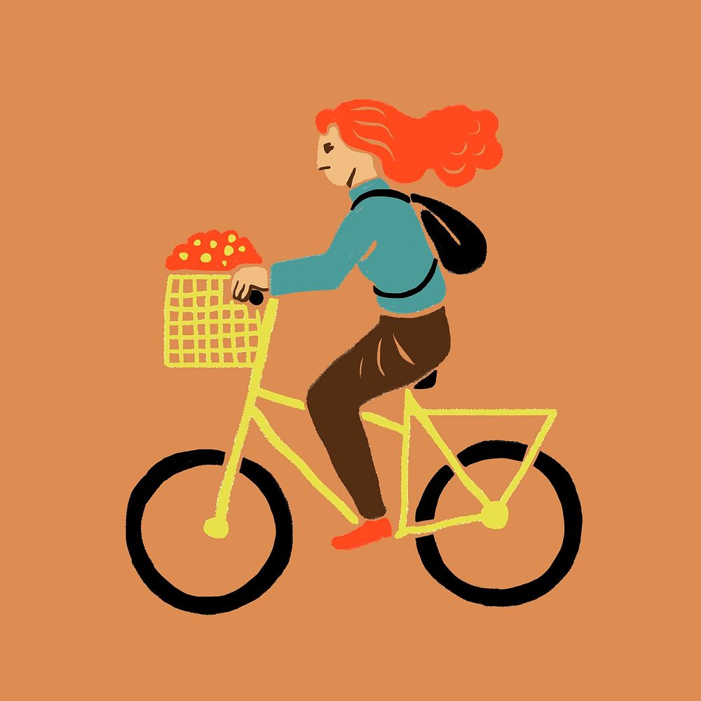 Biking woman cartoon sticker vector in traveling theme