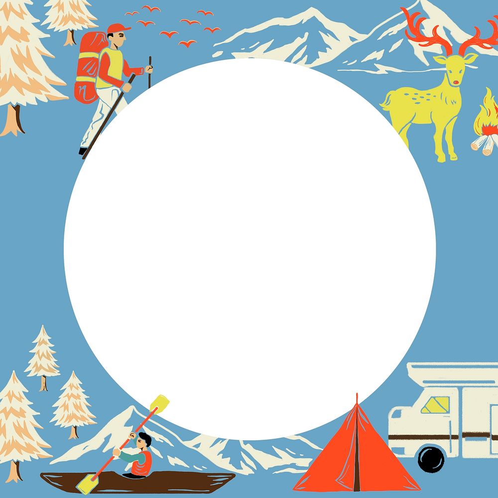 Camping trip blue frame psd in circle shape with tourist cartoon illustration