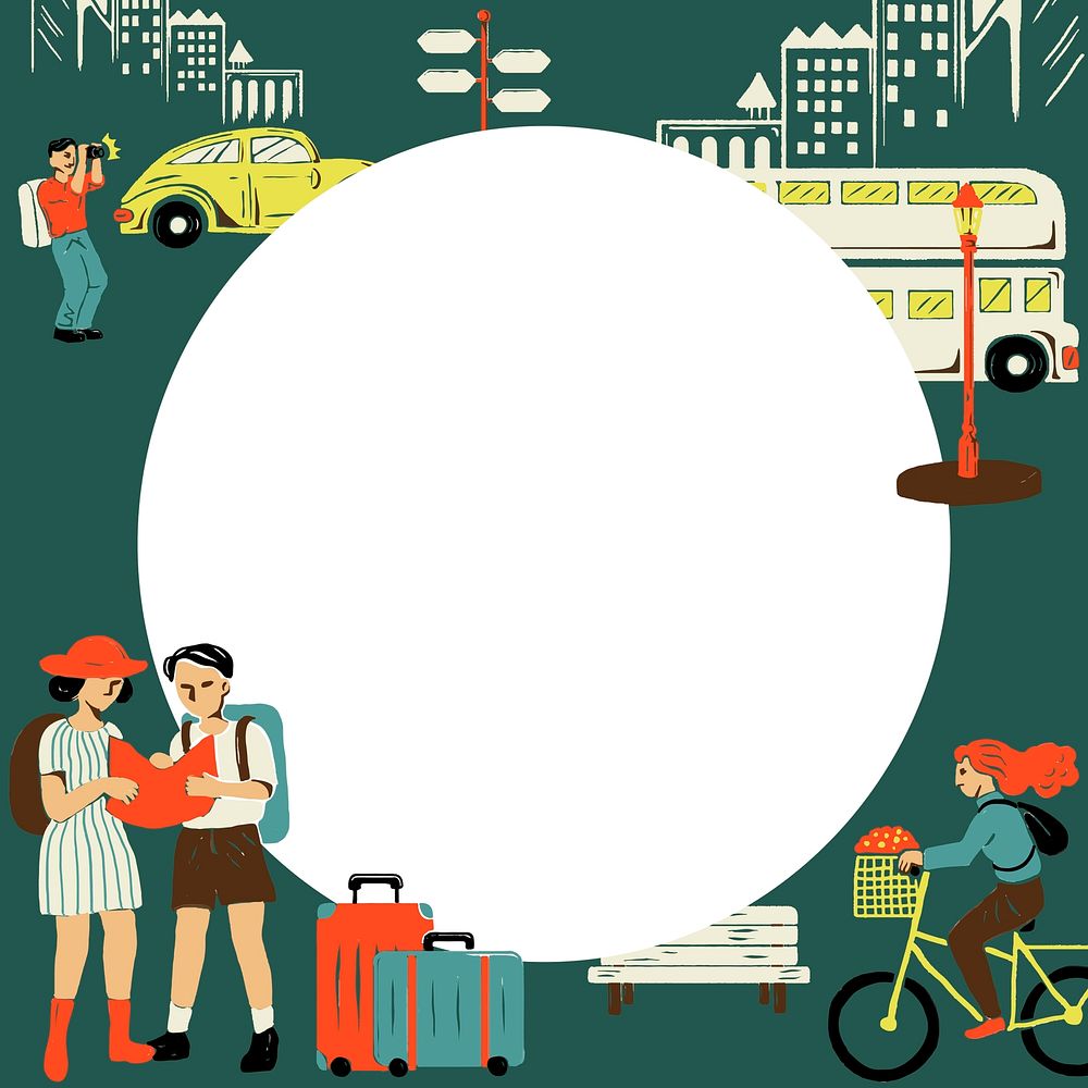 City tour green frame vector in circle shape with tourist cartoon illustration