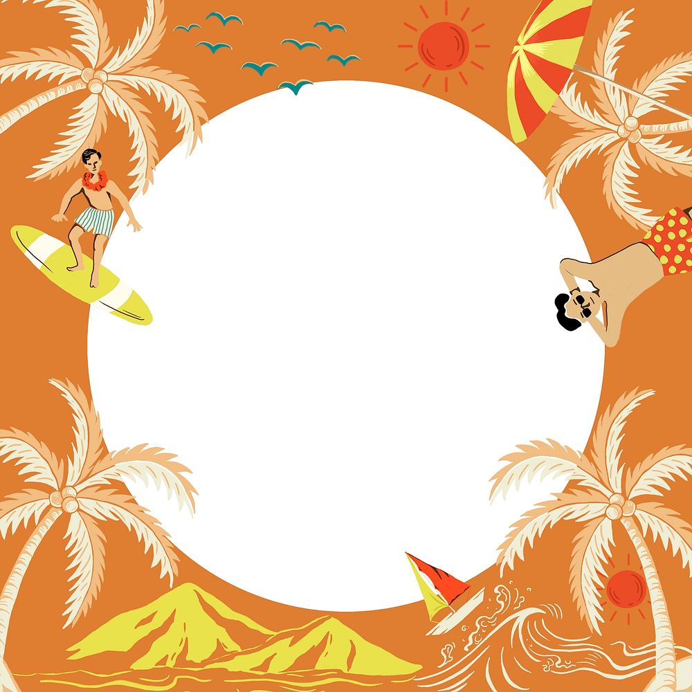 Tropical island orange frame psd in circle shape with tourist cartoon illustration