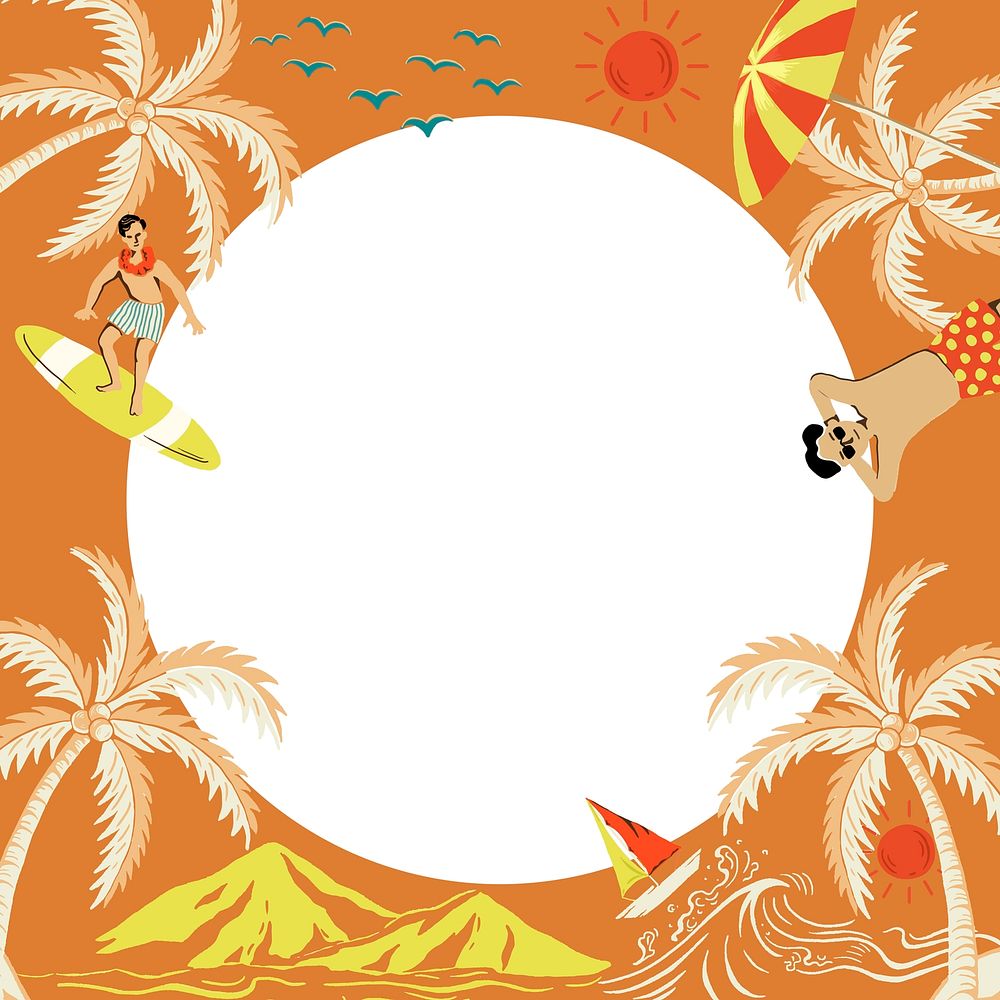 Tropical island orange frame vector in circle shape with tourist cartoon illustration