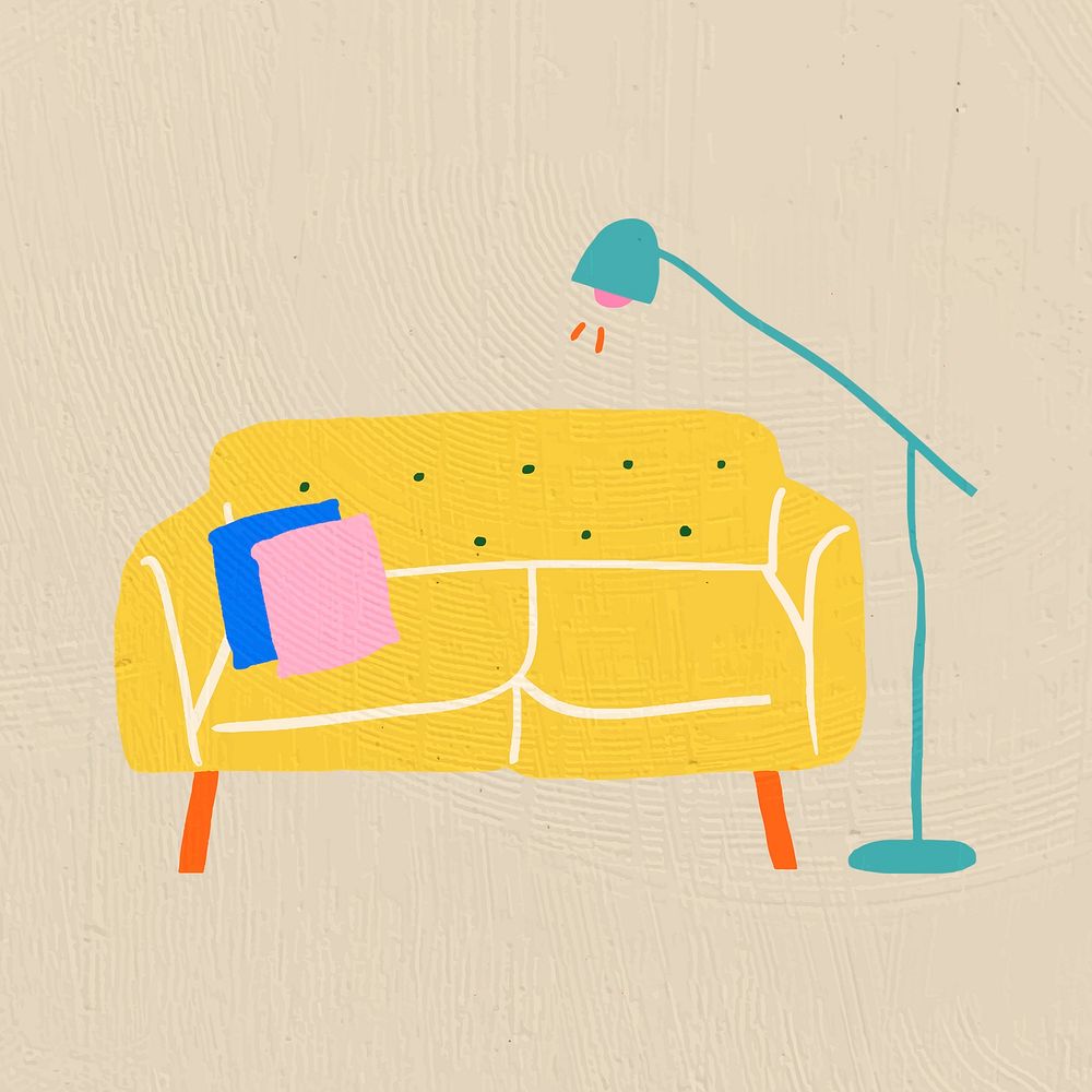 Hand drawn yellow sofa psd furniture in colorful flat graphic style