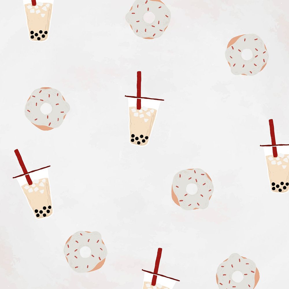 Boba tea patterned background vector with white sprinkle donut cute hand drawn style