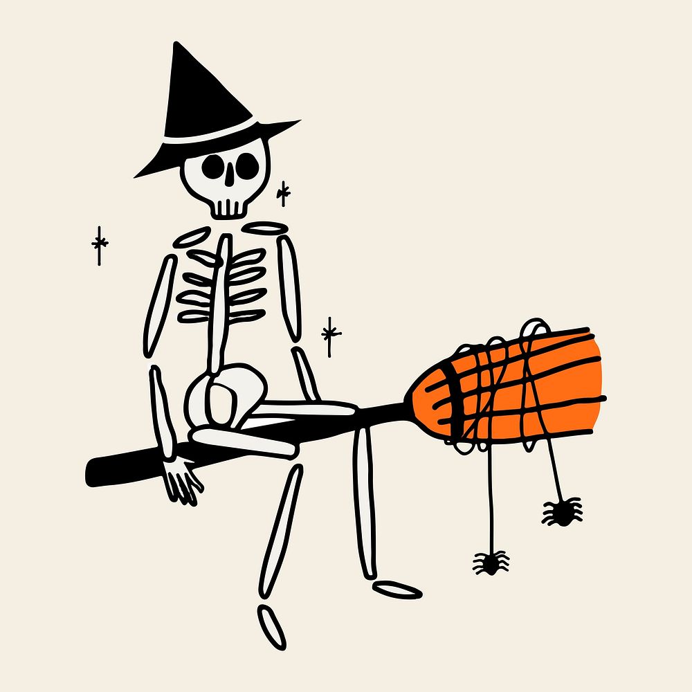 Halloween PSD sticker, hand drawn skeleton witch doodle