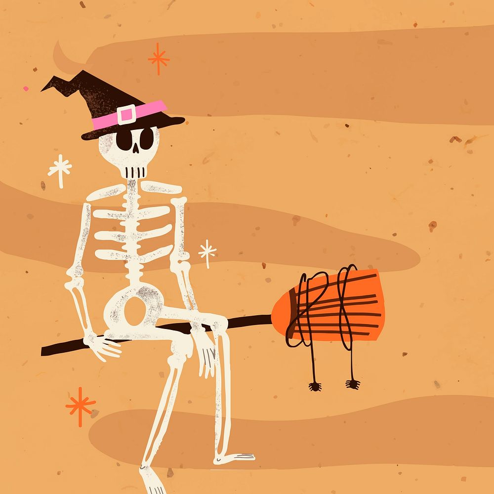 Cartoon Halloween background vector illustration, spooky skeleton witch