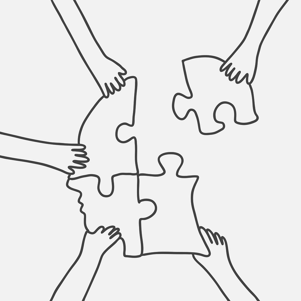 Business brainstorming doodle psd hands connecting puzzle jigsaw