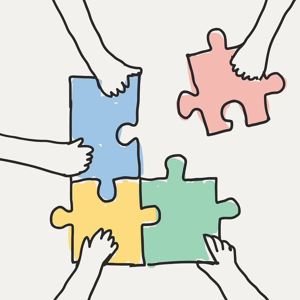 Teamwork doodle, hands connecting puzzle jigsaw