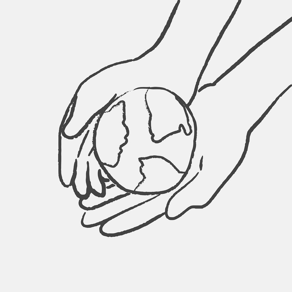 Environment doodle psd, with hand holding globe