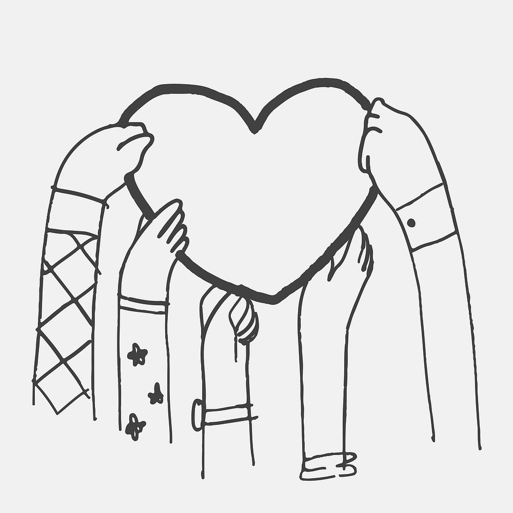 Charity doodle with hands sharing heart, supporting concept