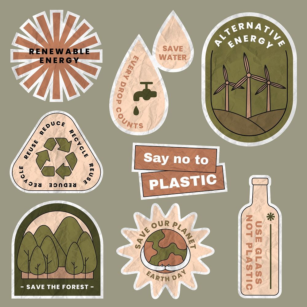 Save environment sticker vector set in crumpled paper texture
