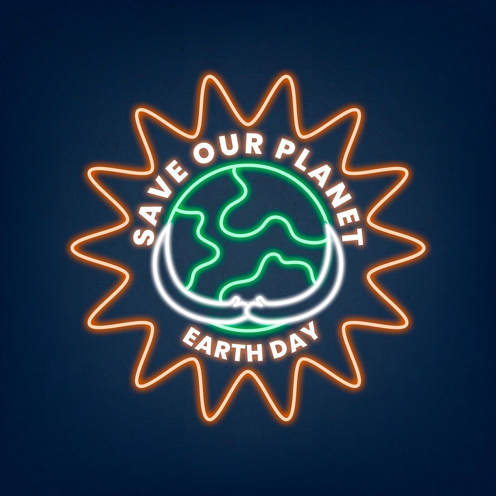 Glowing neon sign psd illustration with save our planet earth day text