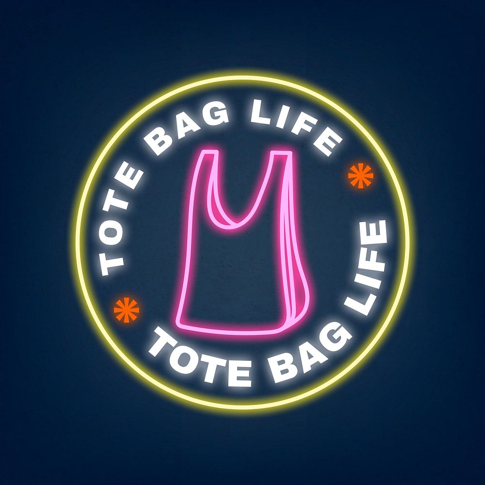 Glowing neon sign psd illustration with tote bag life text