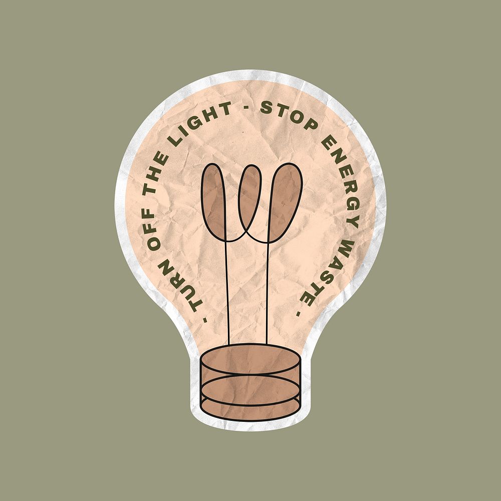 Save energy sticker psd light bulb illustration crumpled paper texture, turn off the light stop energy waste text
