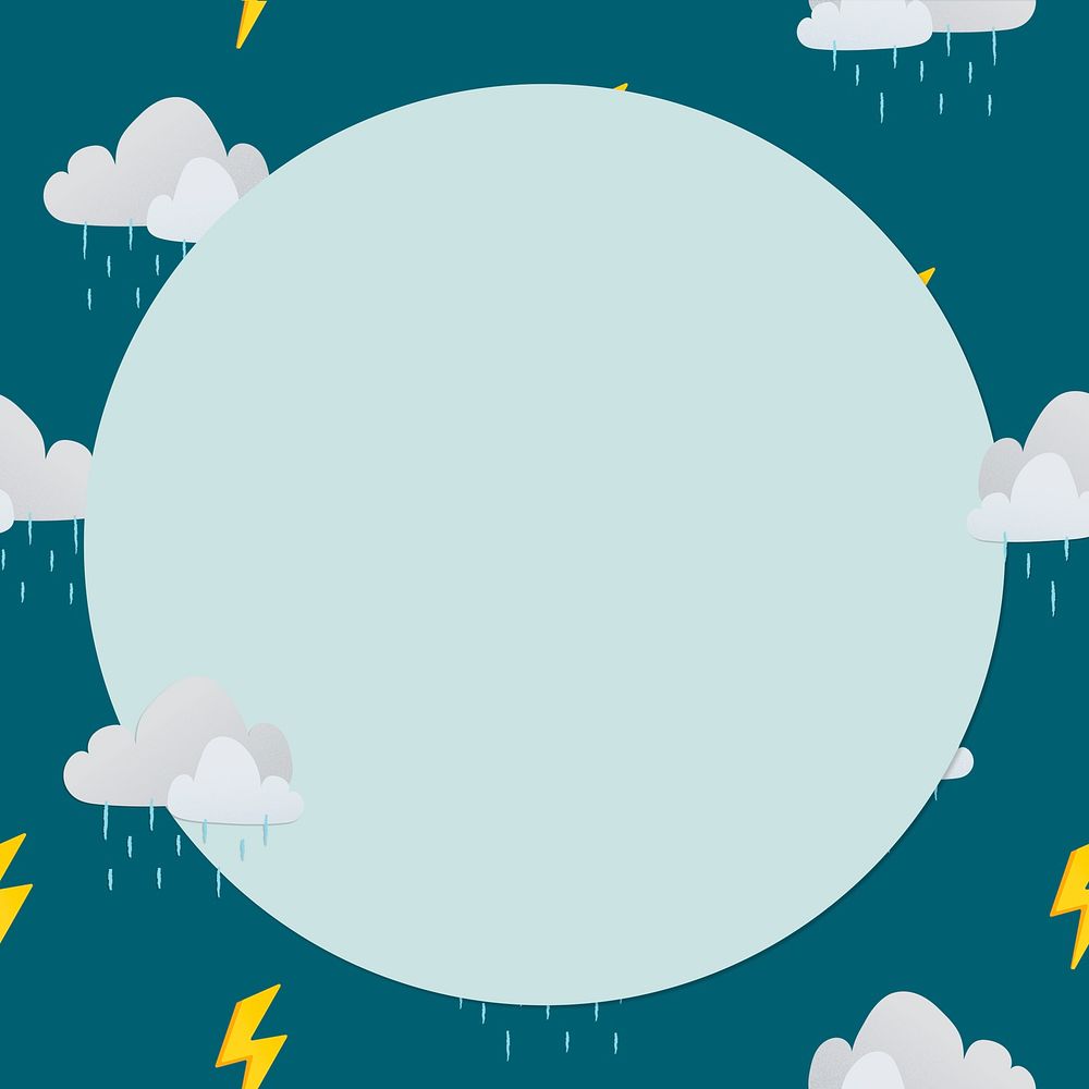 Green circle frame, cute rainy cloud pattern weather vector clipart
