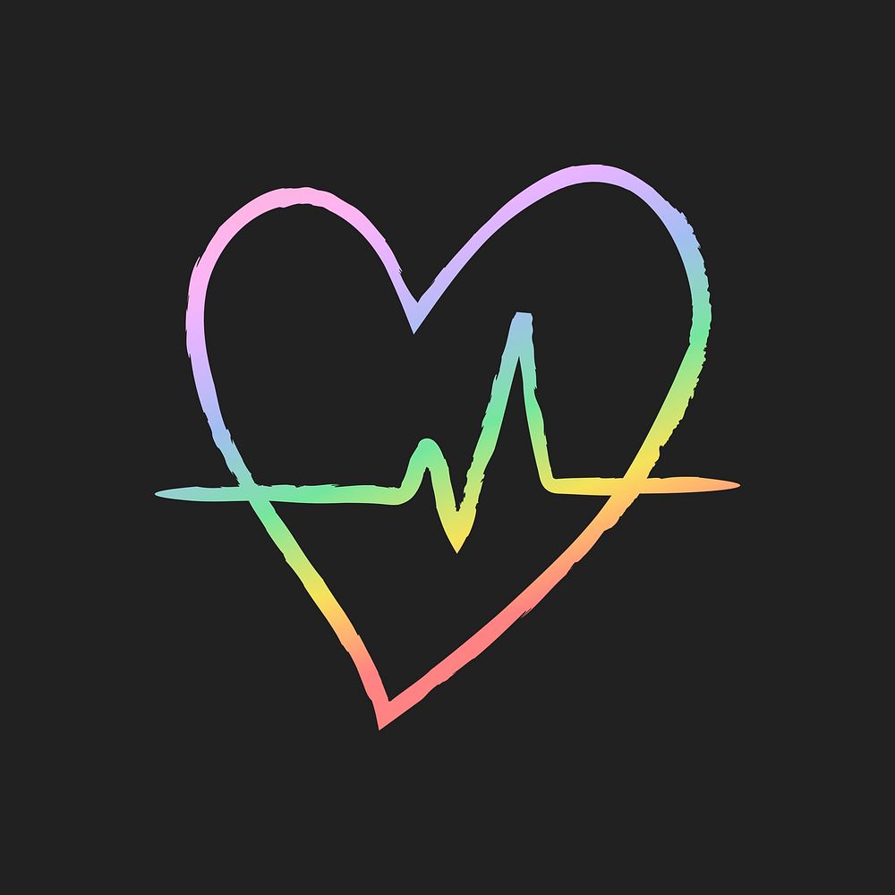 Heartbeat icon psd in holographic rainbow, hand drawn doodle style
