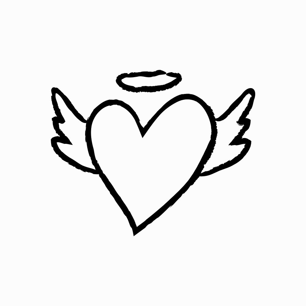 Heart psd icon, angel wings doodle illustration