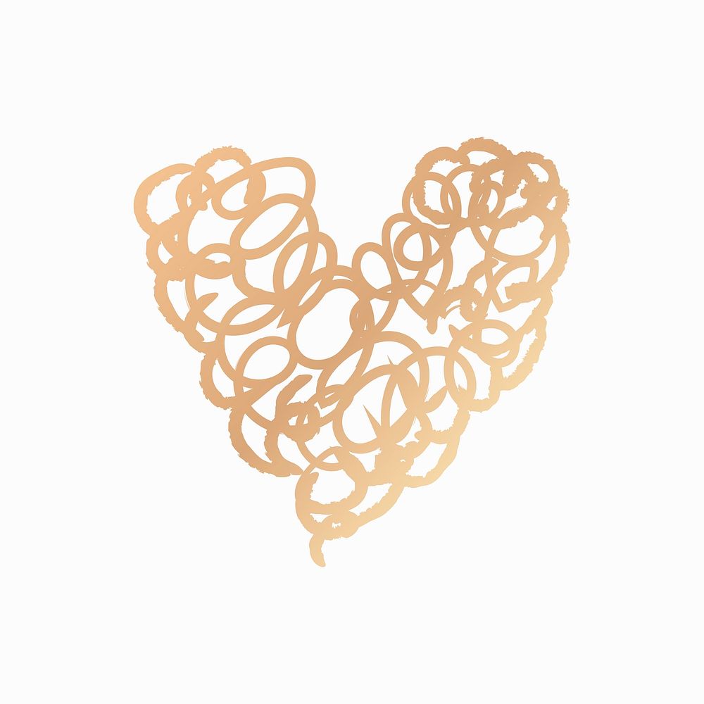 Gold heart psd icon, scribble illustration in doodle style