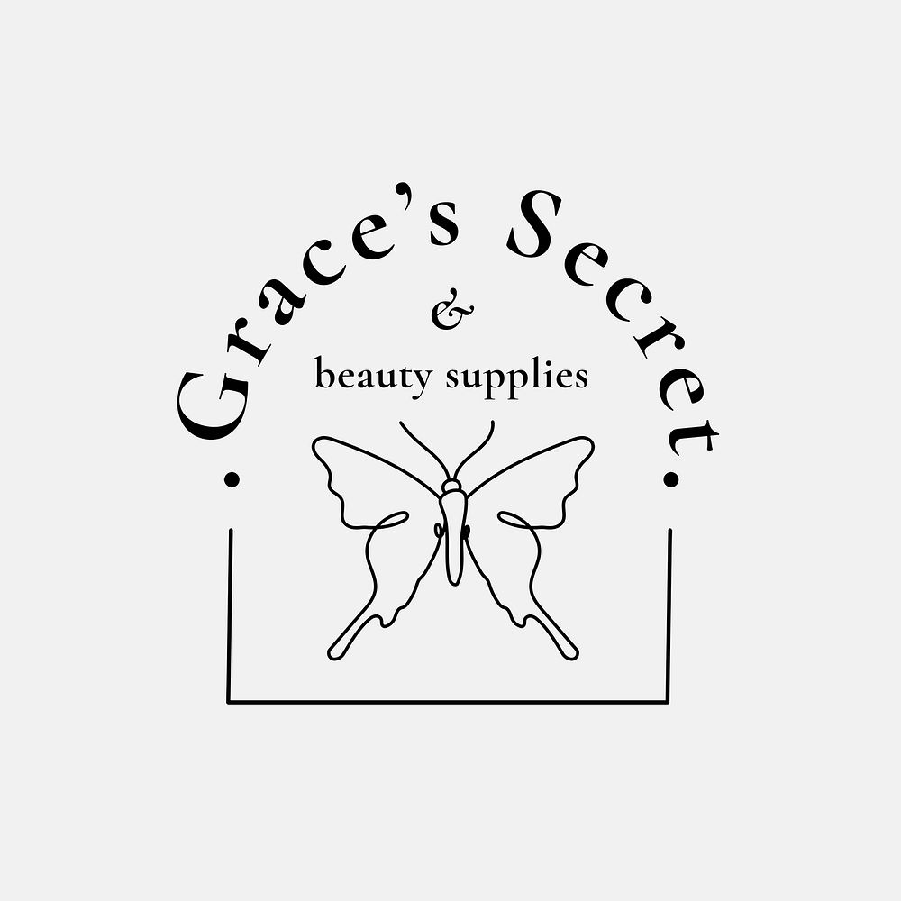 Grace&rsquo;s Secret butterfly logo template, salon business, creative design psd with slogan