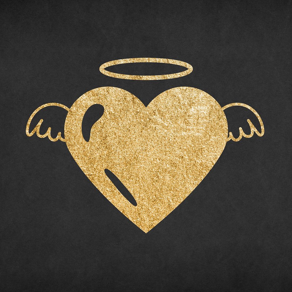 Cute heart icon, glitter gold, angel wings element graphic psd