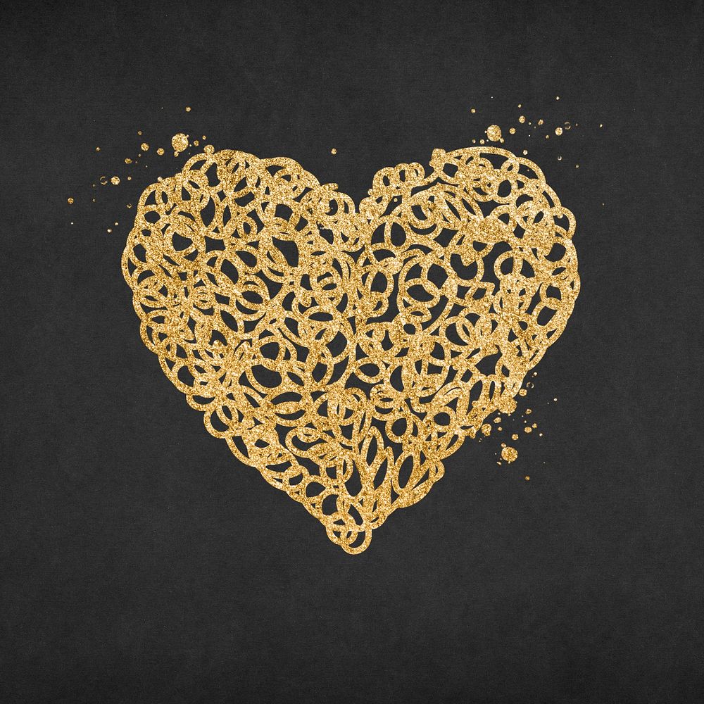 Doodle heart icon, glitter gold element graphic psd
