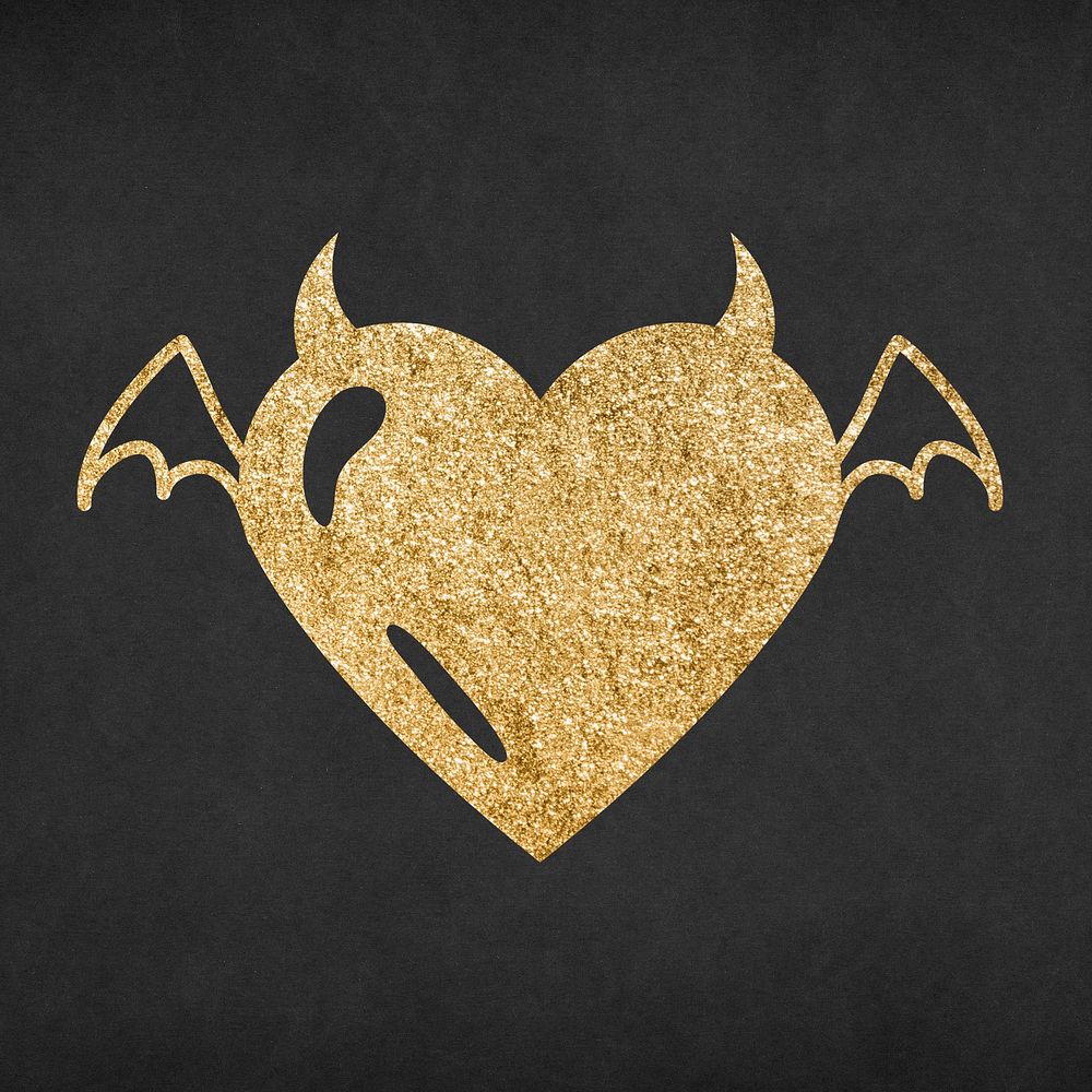 Cute heart icon, glitter gold, davil element graphic psd