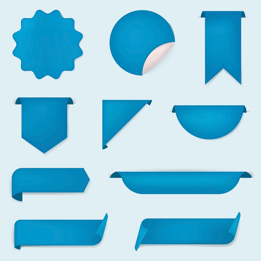 Blue banner sticker, blank psd simple clipart set