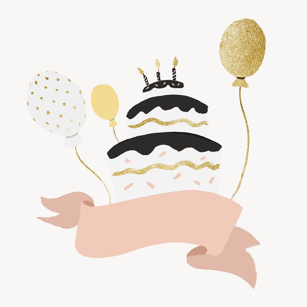 Cute birthday cake sticker, blank ribbon banner design psd