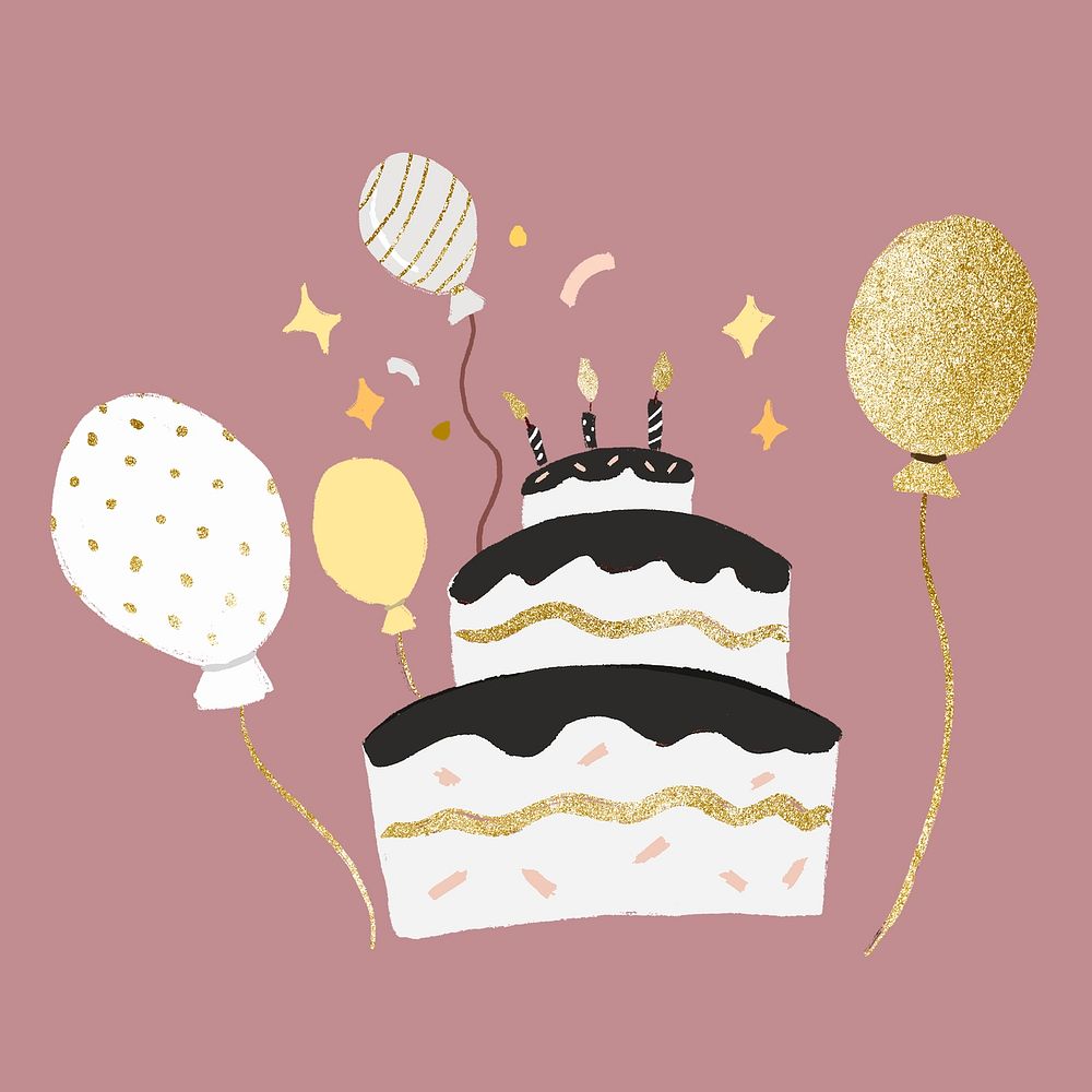 Birthday cake sticker, cute gold, element graphic psd