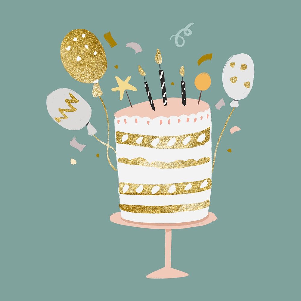 Birthday cake sticker, cute gold and pastel psd